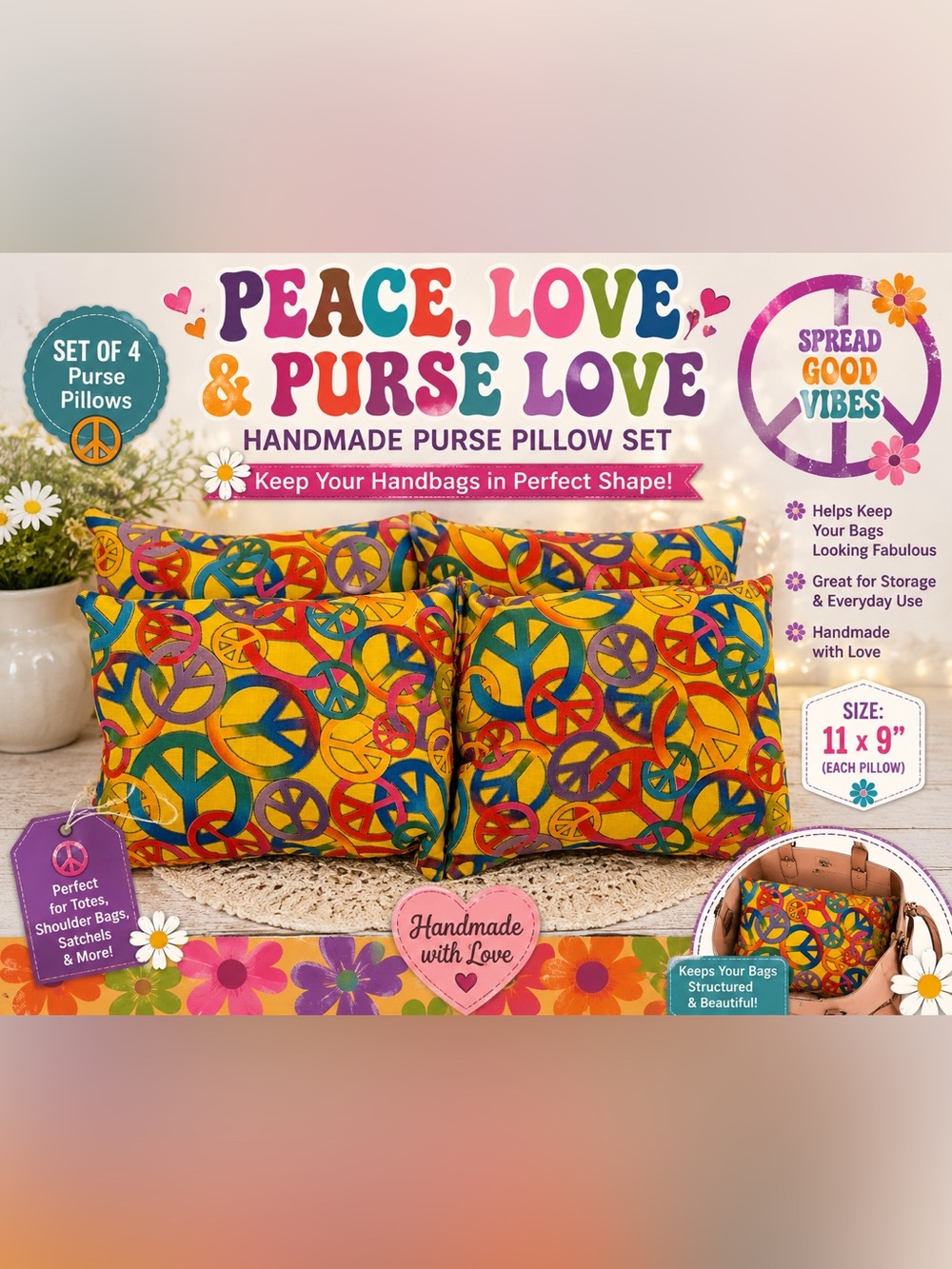☮️ Handmade Peace Sign Purse Pillow Set of 4 | Retro Hippie Handbag Shapers